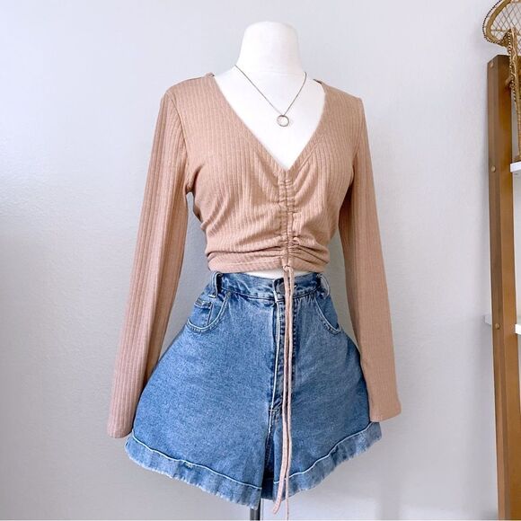 SHEIN Tops - Tan Knit Ribbed Ruched Top